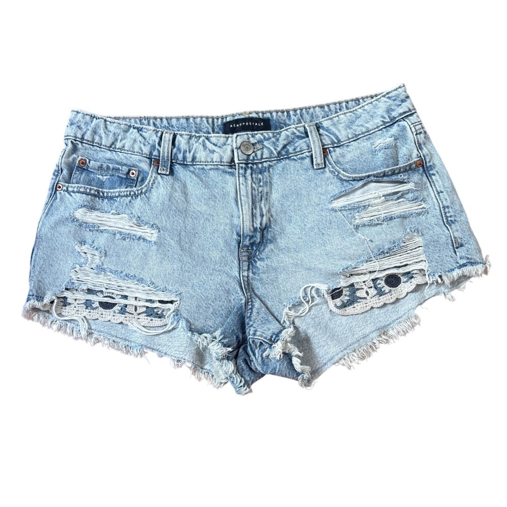 Aeropostale Shorts Women Light Blue Distressed Crochet Low Rise SIZE 14